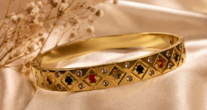 Golden Geometric Crystal Bangle
