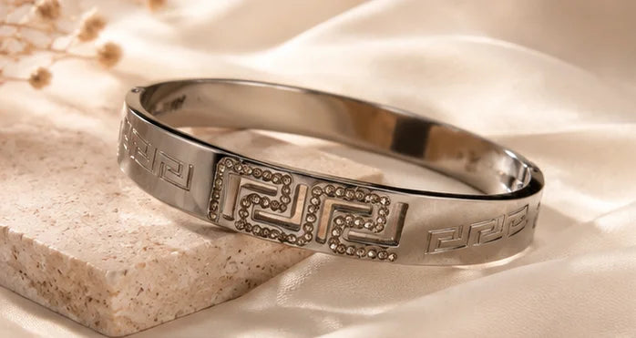 Silver Crystal Greek Key Bangle