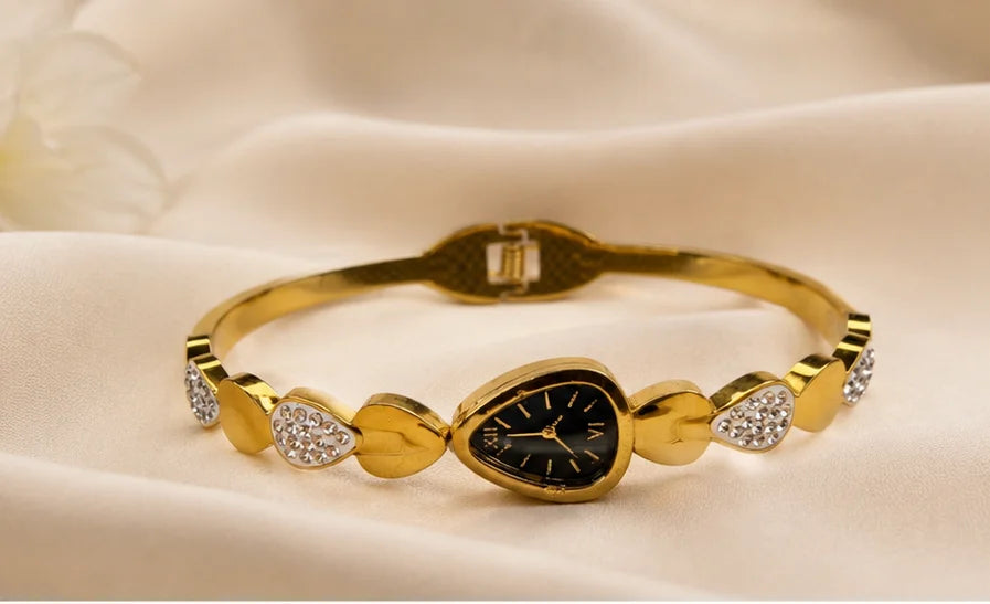 Golden Heart Watch-Style Bangle