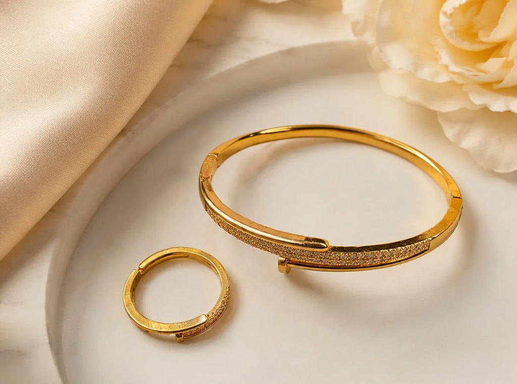 Gold-Tone Crystal Pavé Bracelet & Ring Set