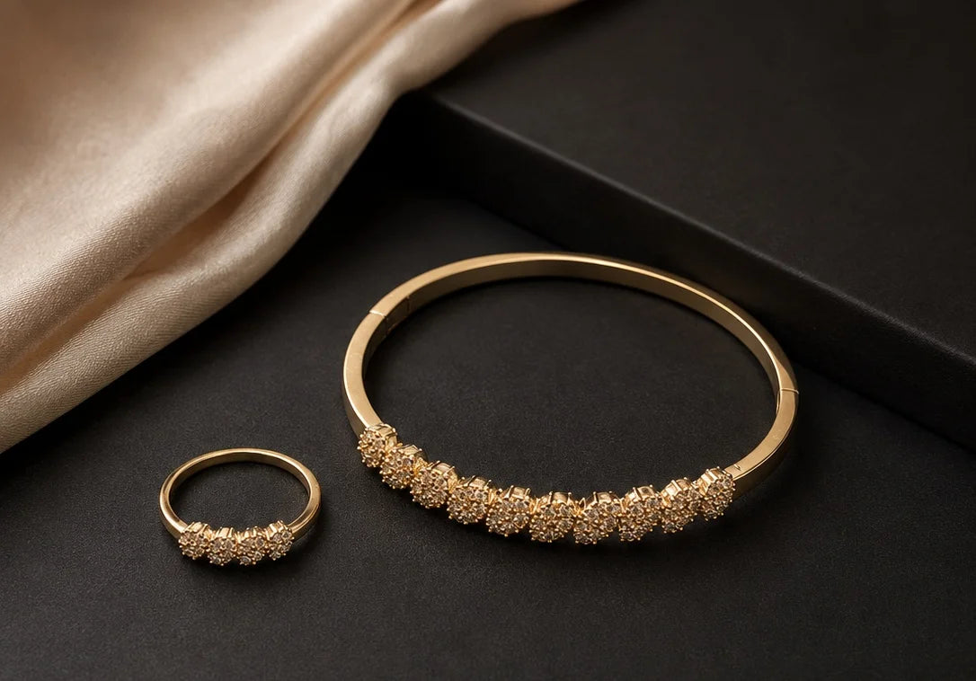 Golden Floral Crystal Bangle & Ring Set