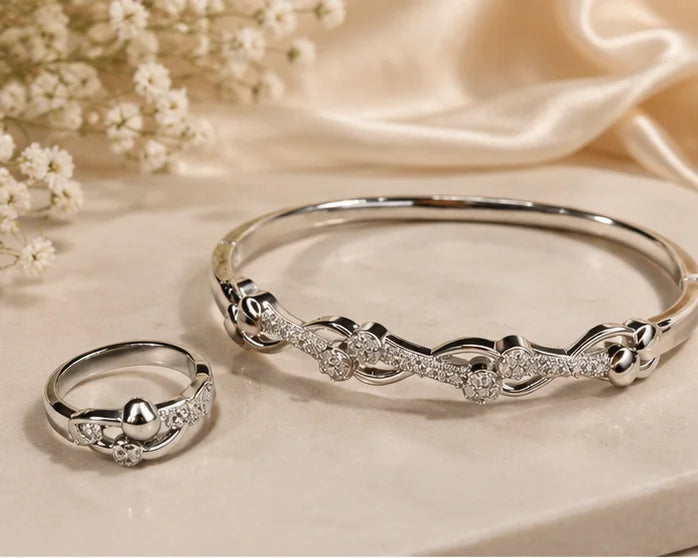 Silver-Tone Floral Crystal Bangle & Ring Set
