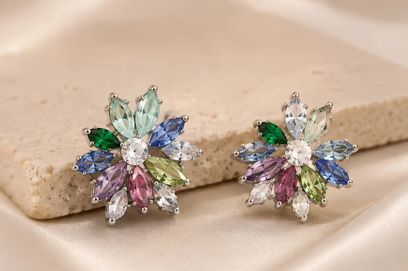 Multicolour Crystal Flower Stud Earrings
