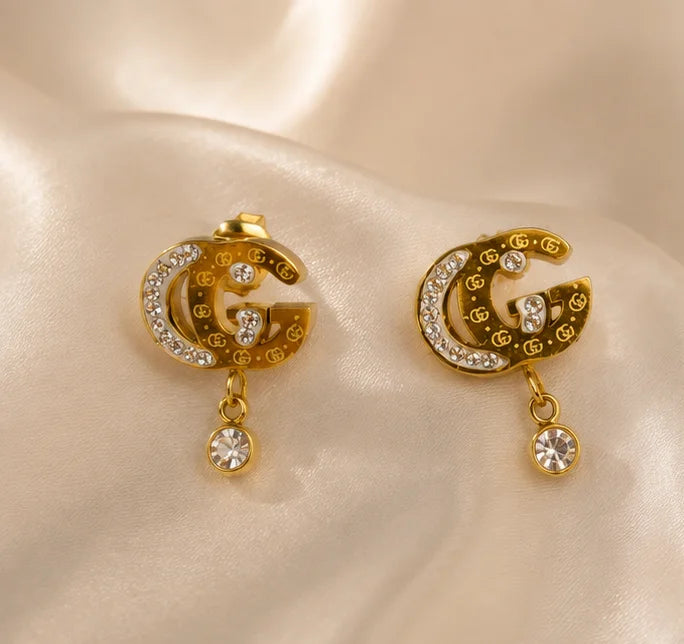 Gilded Crystal Emblem Drop Earrings