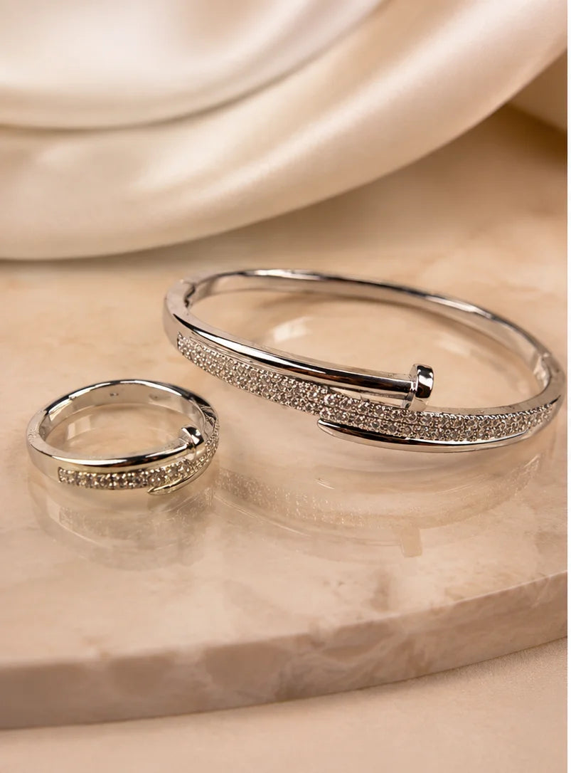 Silver Crystal Pavé Bangle & Ring Set