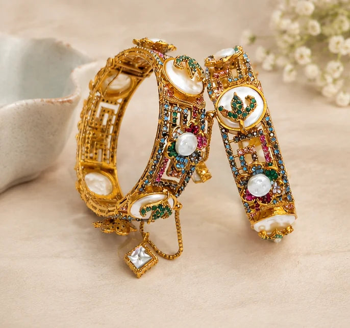 Golden Pearl Crystal Bridal Bangle Set