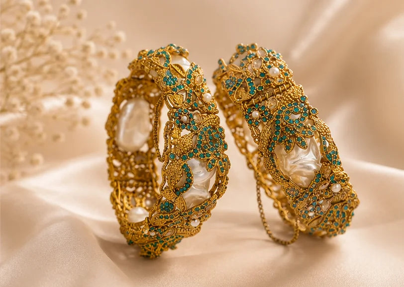 Golden Floral Pearl Bridal Bangle