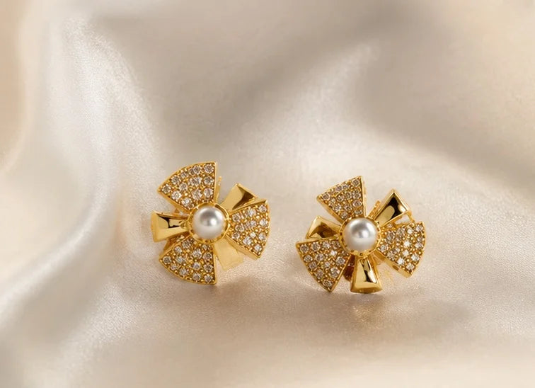Pearl Bow Crystal Studs