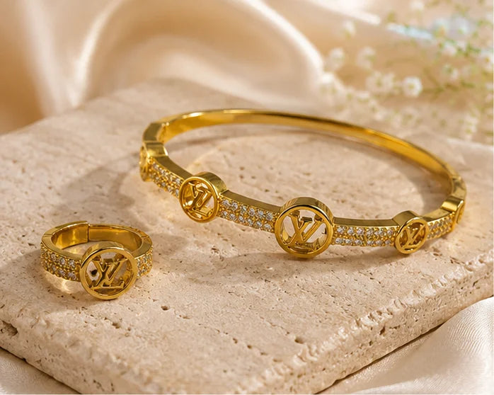 Golden Crystal Circle Bracelet & Ring Set
