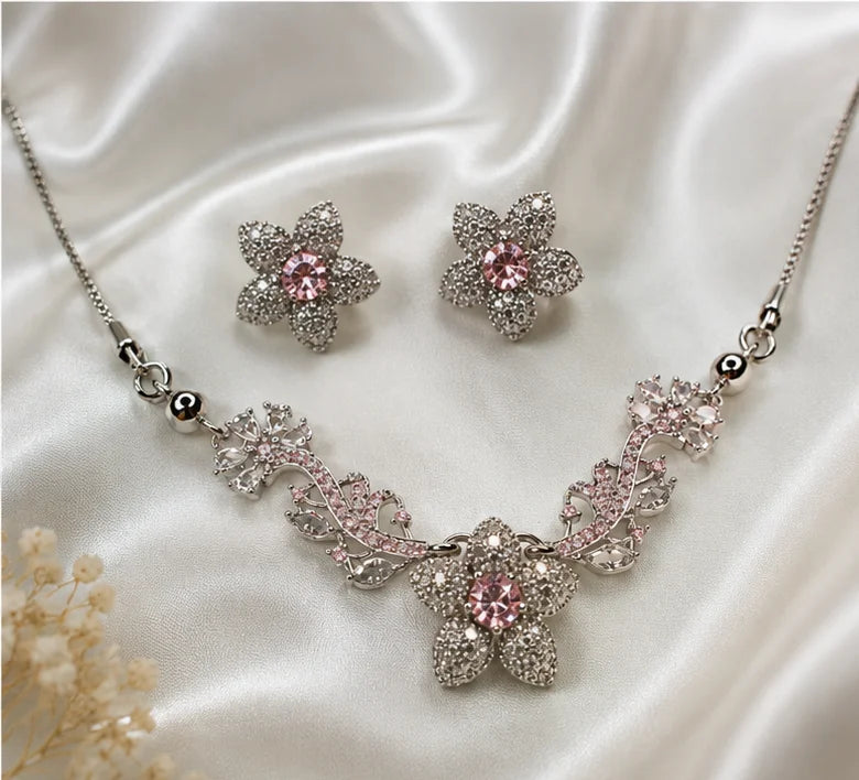Pink Floral Crystal Necklace Set