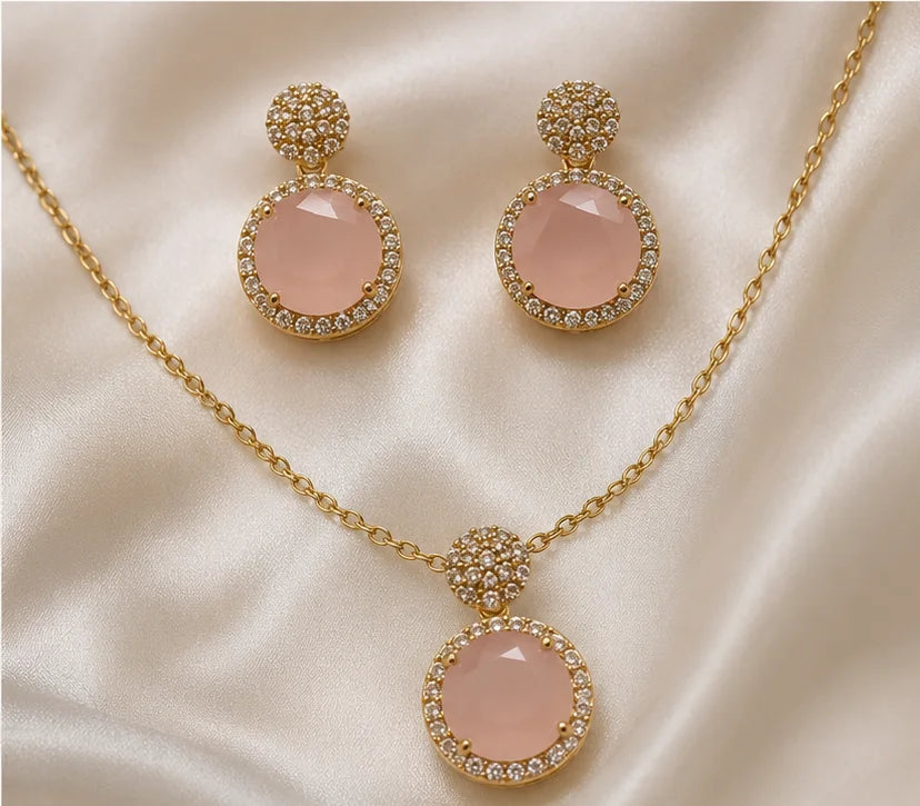 Rosy Crystal Drop Necklace Set