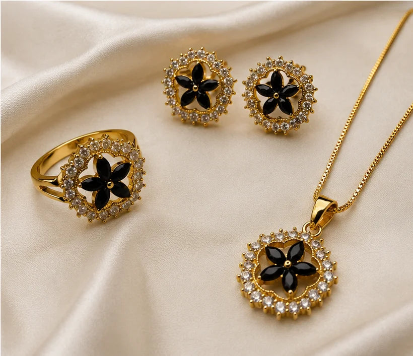 Black Floral Crystal Jewellery Set