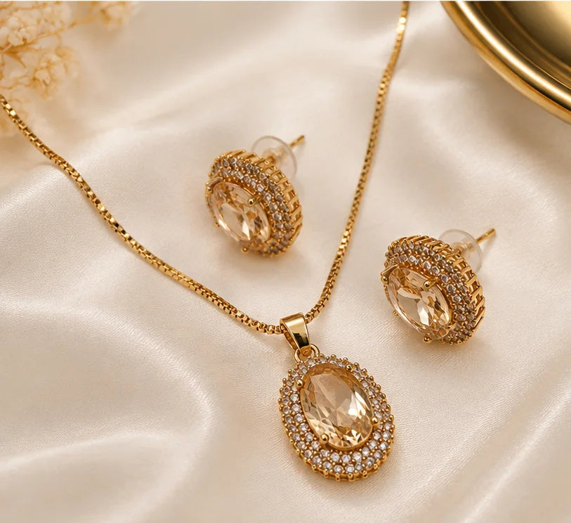 Champagne Oval Crystal Drop Necklace Set