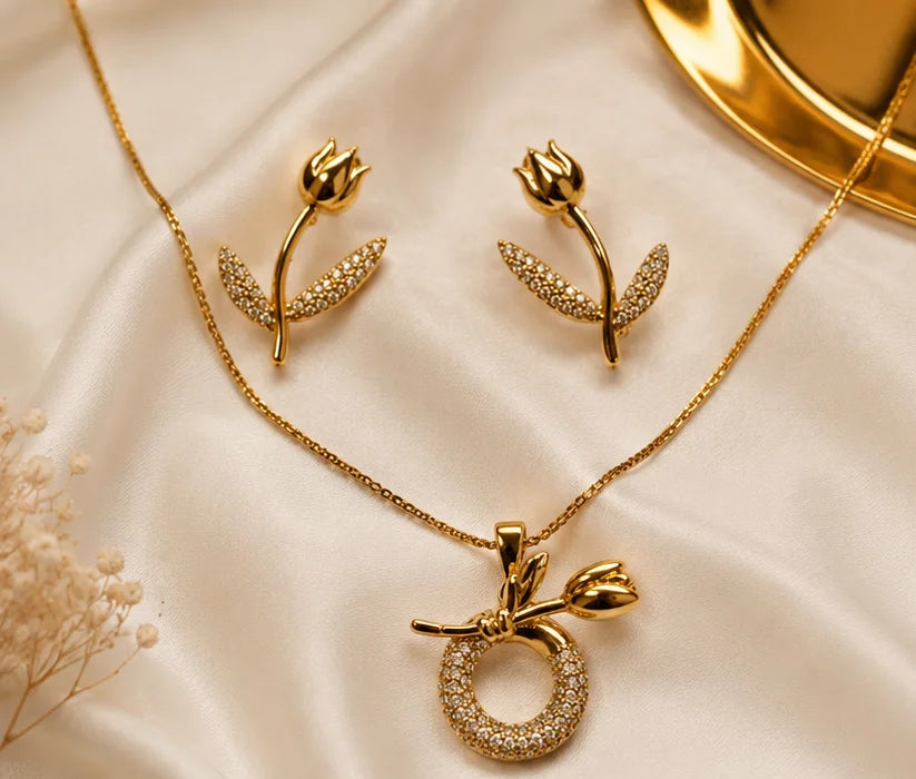 Golden Floral Crystal Necklace & Earrings Set