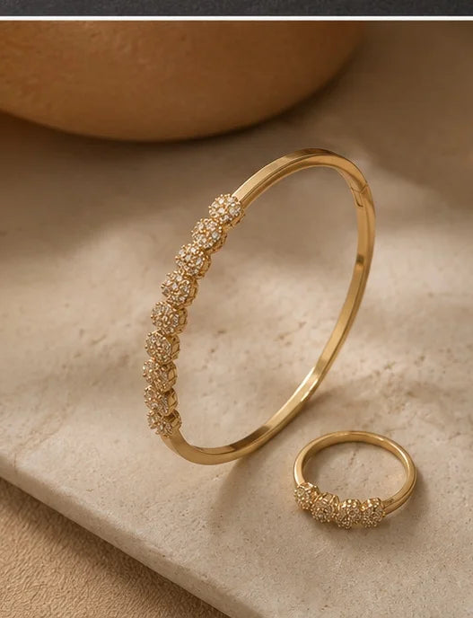 Golden Floral Crystal Bangle & Ring Set