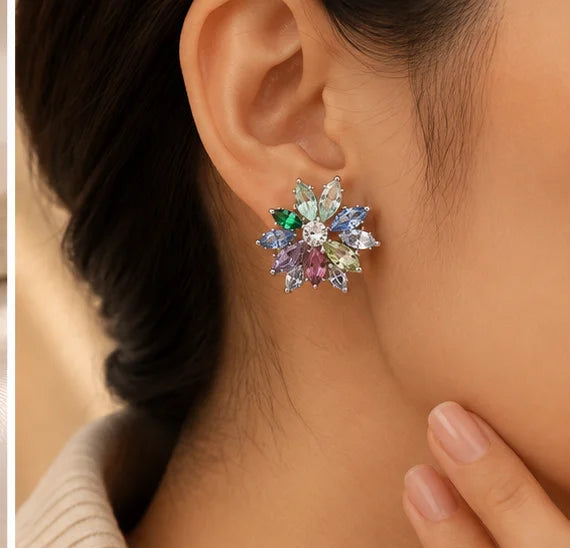 Multicolour Crystal Flower Stud Earrings