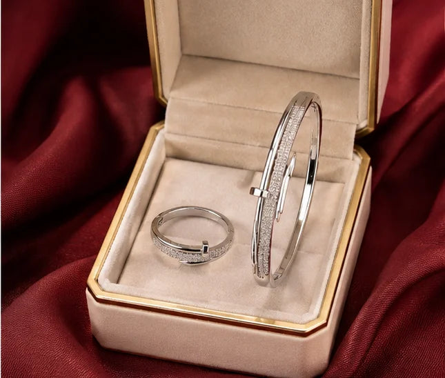Silver Crystal Pavé Bangle & Ring Set