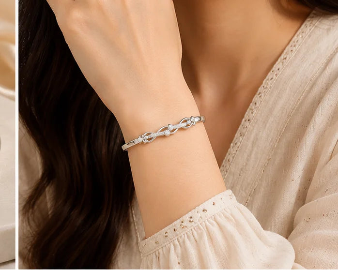 Silver-Tone Floral Crystal Bangle & Ring Set