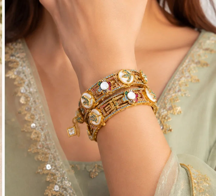 Golden Pearl Crystal Bridal Bangle Set