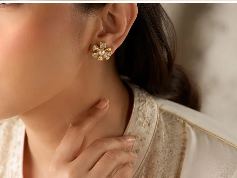 Pearl Bow Crystal Studs