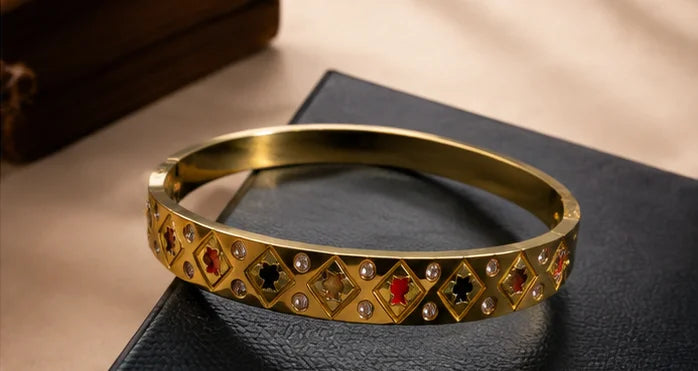 Golden Geometric Crystal Bangle