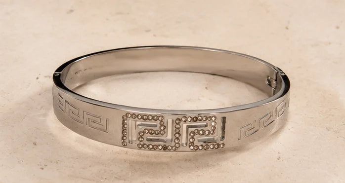 Silver Crystal Greek Key Bangle