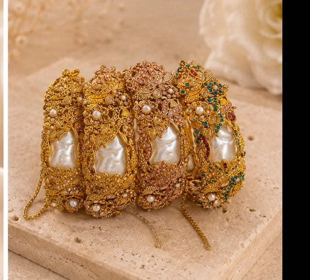 Golden Floral Pearl Bridal Bangle