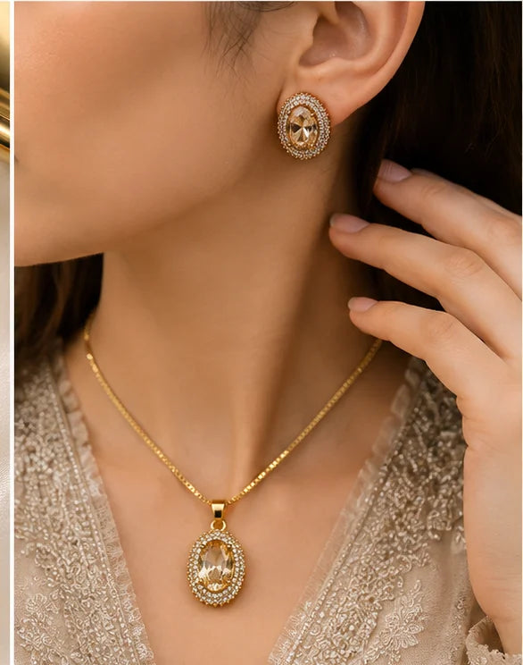 Champagne Oval Crystal Drop Necklace Set