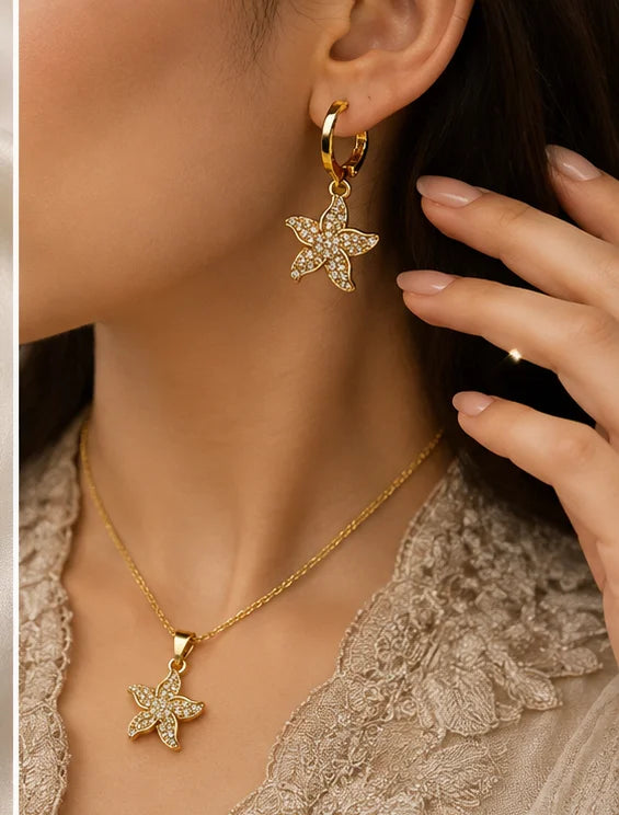 Golden Floral Crystal Drop Necklace Set