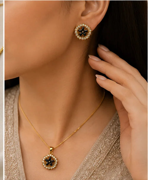 Black Floral Crystal Jewellery Set