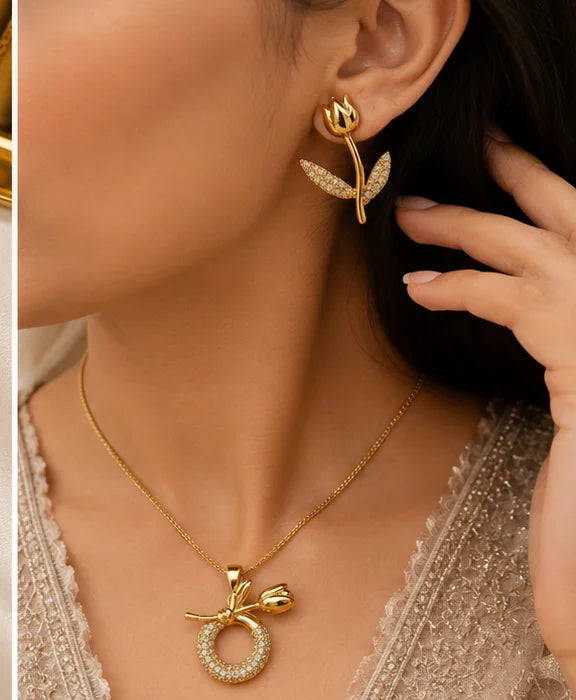 Golden Floral Crystal Necklace & Earrings Set
