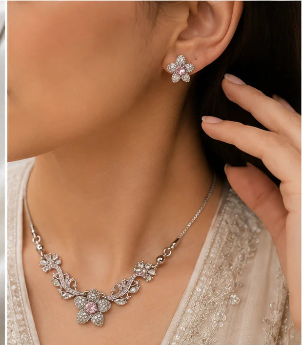 Pink Floral Crystal Necklace Set