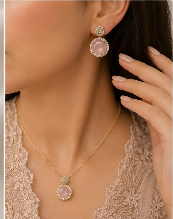 Rosy Crystal Drop Necklace Set