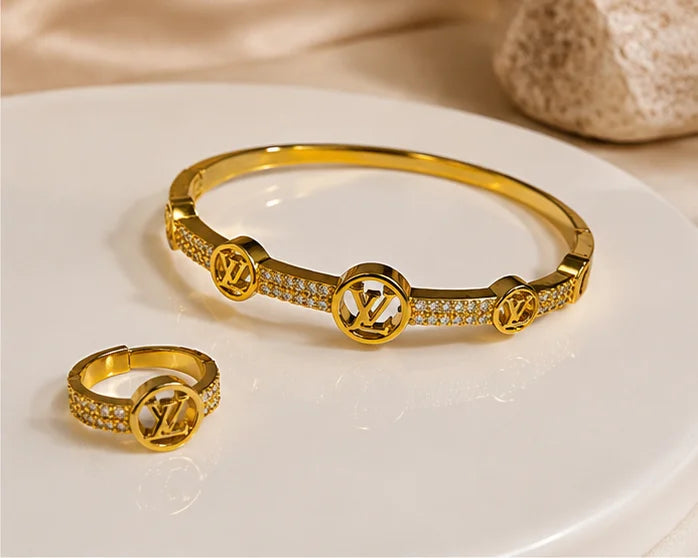 Golden Crystal Circle Bracelet & Ring Set