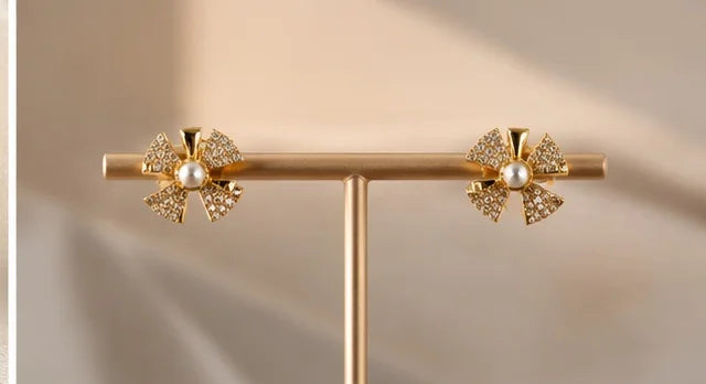 Pearl Bow Crystal Studs