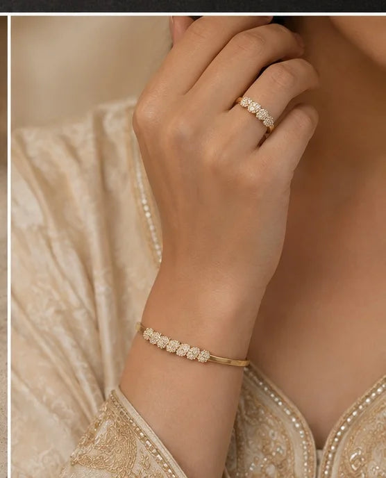 Golden Floral Crystal Bangle & Ring Set