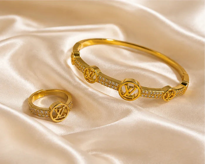 Golden Crystal Circle Bracelet & Ring Set
