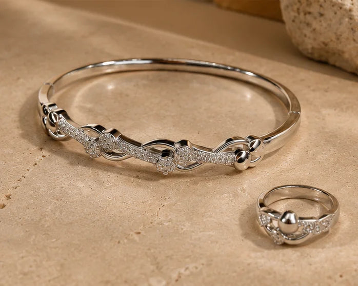 Silver-Tone Floral Crystal Bangle & Ring Set