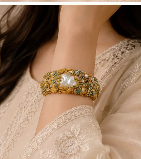 Golden Floral Pearl Bridal Bangle