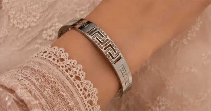 Silver Crystal Greek Key Bangle