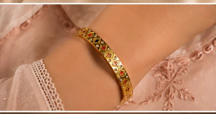 Golden Geometric Crystal Bangle