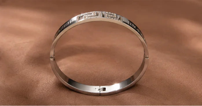 Silver Crystal Greek Key Bangle
