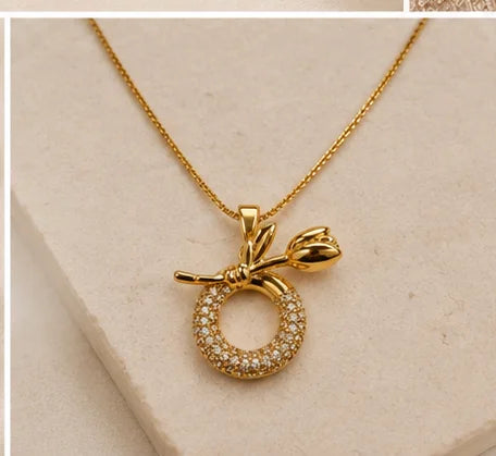 Golden Floral Crystal Necklace & Earrings Set