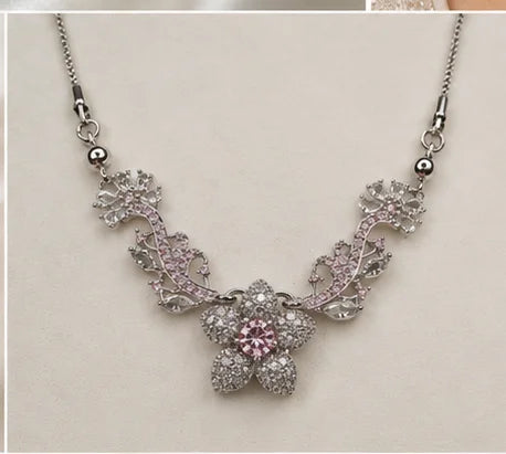 Pink Floral Crystal Necklace Set