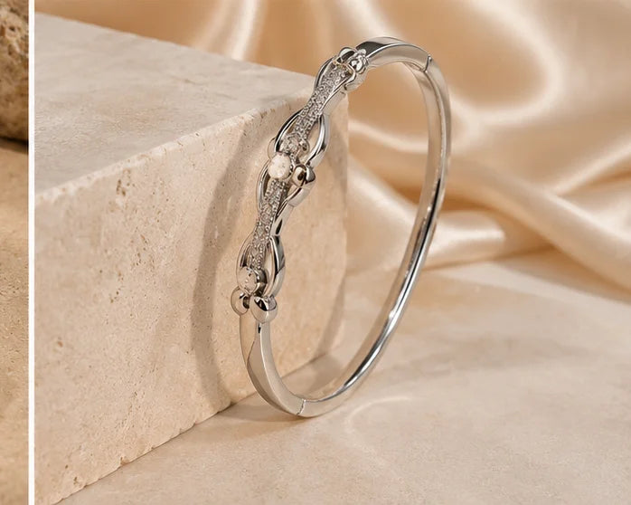 Silver-Tone Floral Crystal Bangle & Ring Set