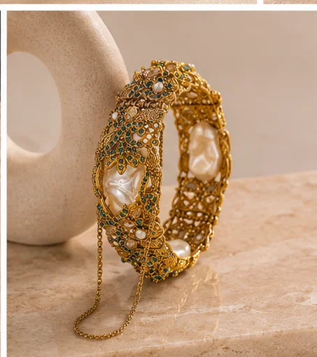 Golden Floral Pearl Bridal Bangle