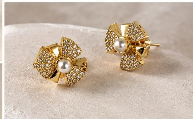 Pearl Bow Crystal Studs