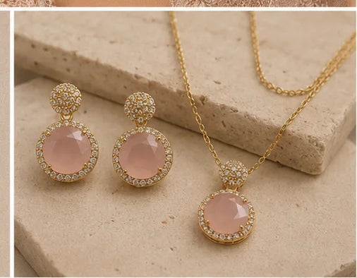 Rosy Crystal Drop Necklace Set