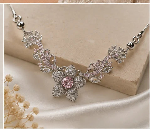 Pink Floral Crystal Necklace Set