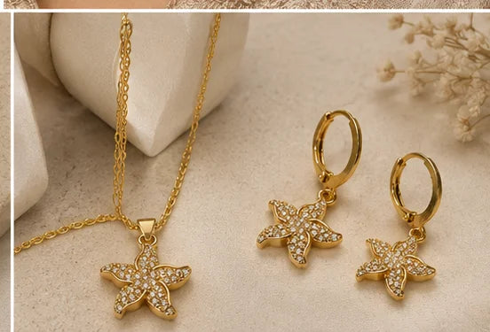 Golden Floral Crystal Drop Necklace Set
